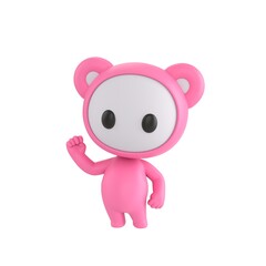 Fototapeta premium Cute 3D render Little Pink Monster character raising one fist to show confidence, success, and happiness, isolated on white background.