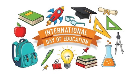 International day of education celebration with school supplies and symbols