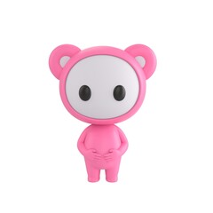 Naklejka premium Cute 3D render Little Pink Monster character standing politely with both hands gently placed on the stomach, calm and respectful posture, friendly mascot style, isolated on white background.