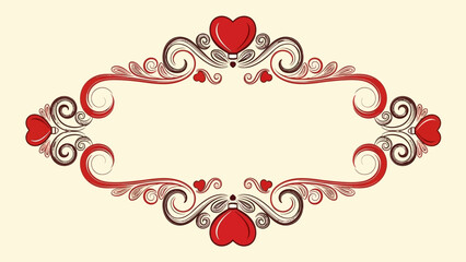 Ornate Decorative Frame with Red Hearts and Swirls on a Bright Yellow Background.
