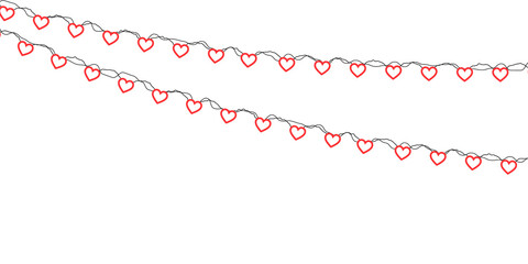 Romantic red heart garland creating a continuous border with cute hanging ornaments perfect for Valentine’s Day messages, party posters, wedding themes and elegant transparent vector illustrations
