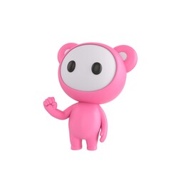 Cute 3D render Little Pink Monster character raising one fist with confidence, head held high and looking upward, strong and determined pose, isolated on white background.