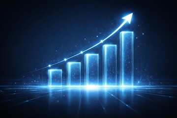 Futuristic digital bar chart showing business growth and financial success with upward trend arrow