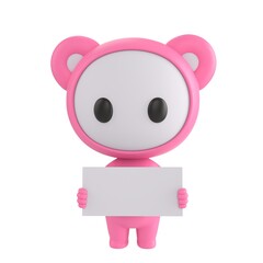 Fototapeta premium Cute 3D render Little Pink Monster character standing and holding a small blank white sign, neutral and versatile pose for messages or announcements, isolated on white background.