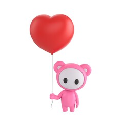 Fototapeta premium Cute 3D render Little Pink Monster character standing and holding a heart-shaped balloon, sweet and affectionate pose, isolated on white background.