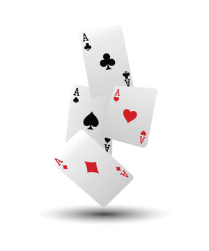 Falling ace playing cards, all four suits, floating above an oval shadow