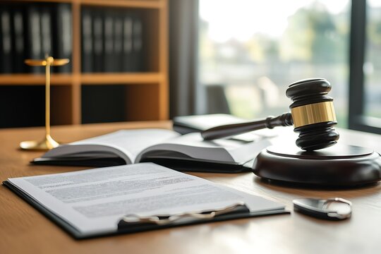 Lawyer's desk with gavel, legal documents, and scales of justice