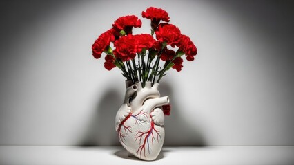 Anatomical heart vase with vibrant red carnations