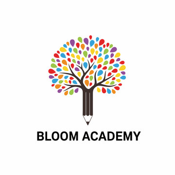 Colorful tree logo with a pencil trunk and vibrant leaves for a creative education academy