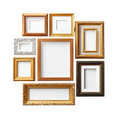 Various wooden picture frames arranged in a grid pattern, showcasing different styles and colors
