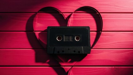 Vintage cassette tape on red wooden background with heart shaped tape
