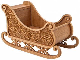 Intricately carved, warm-toned wooden sleigh with detailed floral and scrollwork patterns adorning its sides and runners, presented in a three-quarter view with, isolated on transparent background.