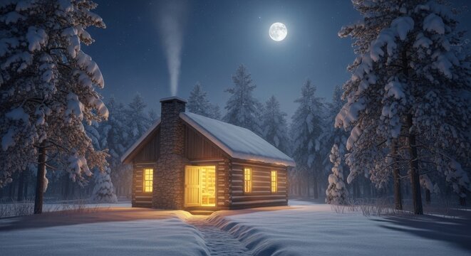 Cozy cabin in snowy forest under moonlight with smoke rising from chimney - Powered by Adobe