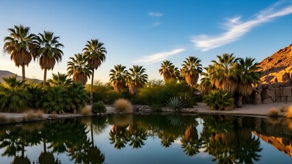 Fototapeta premium A tranquil desert oasis featuring lush green palm trees reflecting in a calm pond against golden rocky hills at sunset