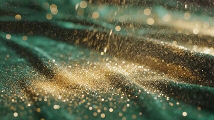 Abstract gold dust on green fabric creating a shimmering background  