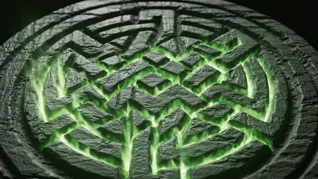 Celtic knot design with emerald glow on textured black background  