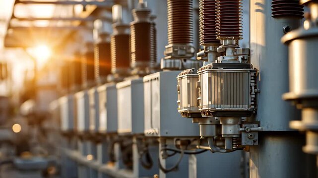 Close-up of electrical transformers at a substation at sunset