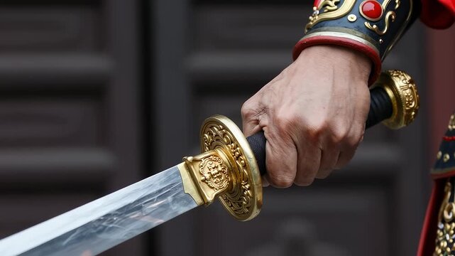 Close-up of a warrior in Chinese armor holding a sword