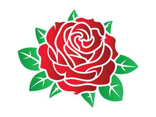 Red Rose Flower Vector Illustration, Blooming Rose with Green Leaves Isolated on White