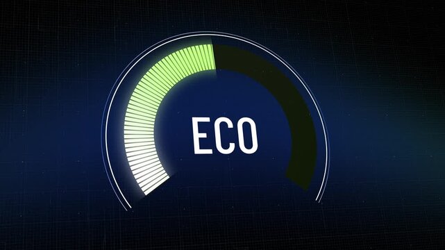 Digital ecological indicator, gradual sustainability progress, environmental quality metrics, gauge dial fills green to maximal efficiency rating, positive eco planetary health outcome. Copy space
