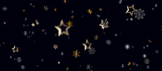 Fototapeta premium Abstract and elegant design of gold stars and snowflakes in a winter night. Perfect for Christmas celebrations,
