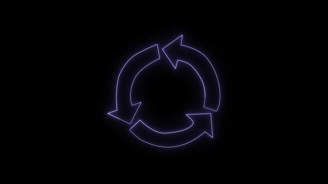 Futuristic neon purple circular recycle icon, glowing rounded arrow symbol for environment and sustainability on black background.