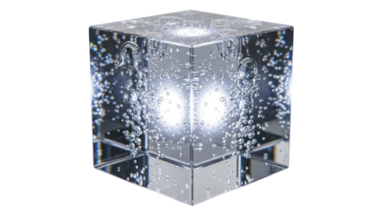 Transparent cube filled with bubbles, isolated on transparent background