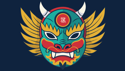 Naklejka premium Vibrant Korean Hahoe Mask with Dragon-like Features and Golden Wings.