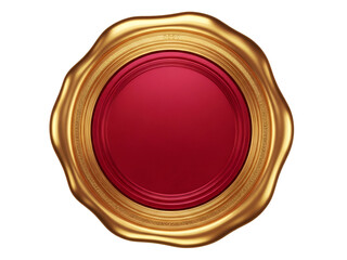 Golden wax seal with red center on white background illustration