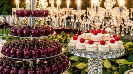 Elegant dessert display with macarons and cherries at luxury event