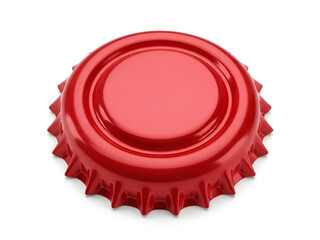 Red metal bottle cap with ridged edges on white background