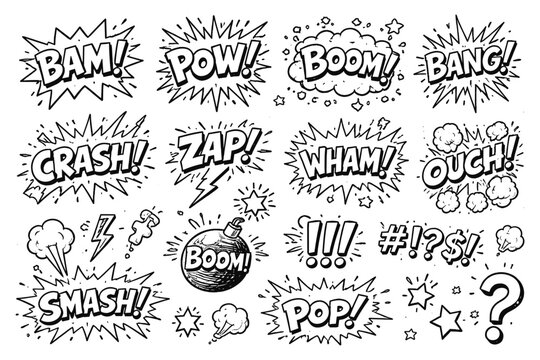 Comic book style sound effect words in black and white
