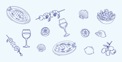 Fototapeta premium Seafood Line Icons Set with Fish, Shrimp Skewers, Mussels, Wine and Lemons | Mediterranean Seafood Vector Pack – Hand Drawn Fish, Shells, Olives and Glasses
