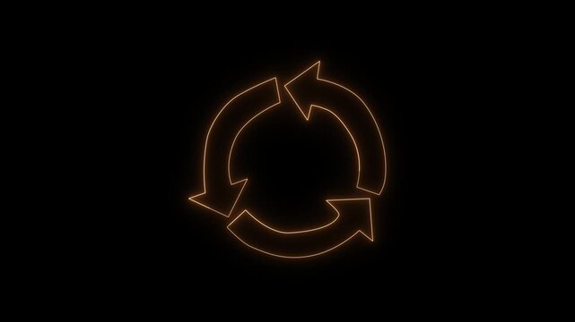 Futuristic neon orange circular recycle icon, glowing rounded arrow symbol for environment and conservation on black background.