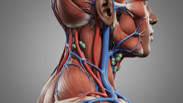 Anatomical illustration of human head and neck muscles and vascular system
