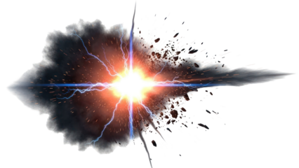 Explosion burst with lightning and debris, isolated on transparent background