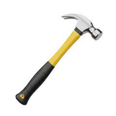 Meticulously rendered 3d ball-peen hammer with polished steel head and ergonomic yellow/black composite handle, floating on a transparent background. Concept of innovative industrial tool design