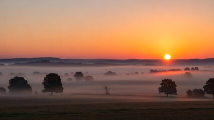 A breathtaking sunrise over a misty rural valley with silhouetted trees and thick low-lying fog under orange skies