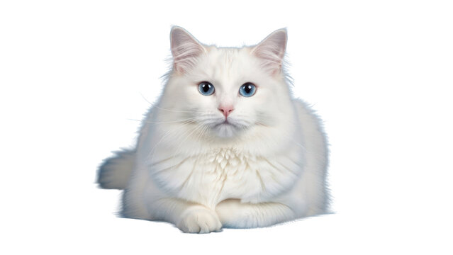 Fluffy White Cat with Blue Eyes, Isolated on Transparent Background