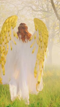 unrecognizable person silhouette fantasy woman angel with white golden wings walking in forest fog mist magic sun light green grass trees. Long dress red hair back rear view. Saint Girl vertical video