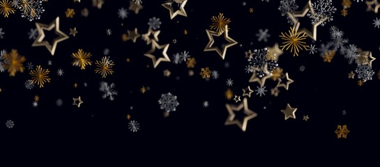 Christmas background with golden stars and snowflakes on dark blue. New year illustration for celebration with f