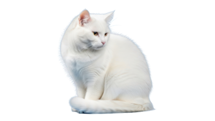 White cat sitting, isolated on transparent background