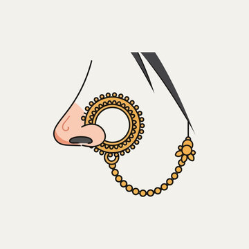Woman's nose adorned with a gold nath and chain jewelry.