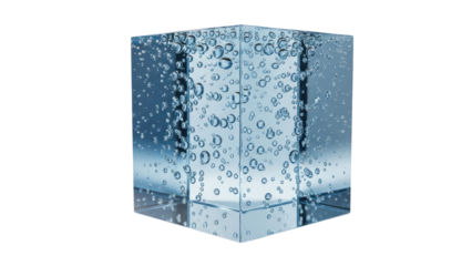Clear cube with water bubbles isolated on transparent background