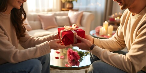 A man and woman exchanging a red gift box in a cozy living room setting