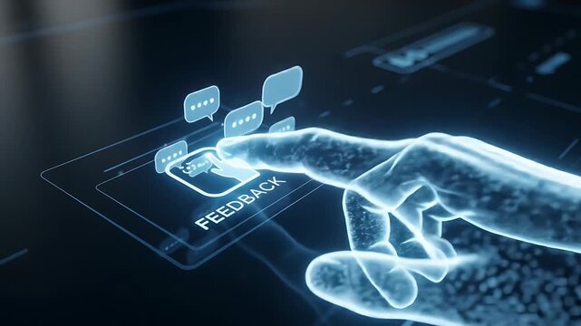 Glowing digital hand presses feedback button on futuristic interface, symbolizing user experience, communication, and tech interaction.