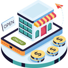 Online Store Concept on Smartphone with Coins and Open Sign