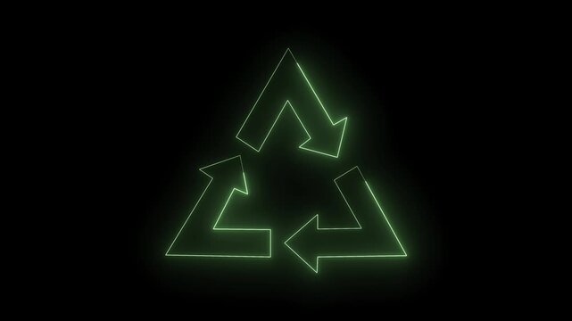 Futuristic neon green recycle icon, glowing triangular arrow symbol for environment and sustainability on black background.
