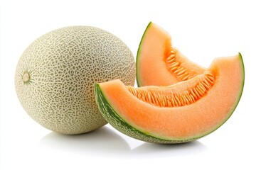 Whole and sliced ripe cantaloupe melon isolated on white background