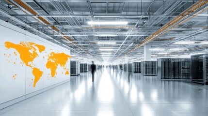 Fototapeta premium Wide corridor in a modern data facility featuring neatly arranged server racks and illuminated pathways, showcasing advanced technology and infrastructure